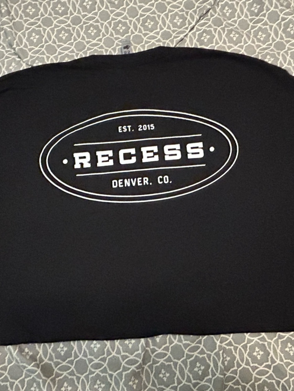 RECESS Beer Garden, Denver, Black Graphic Tee with White Logo. Large.